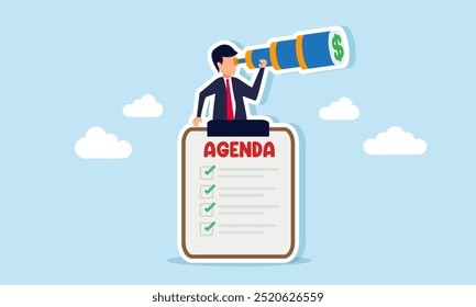 Un hombre de negocios mirando a través de un dólar mientras se esconde detrás de un tablero de programación, ilustración de la supervisión o búsqueda de ganancias de completar una agenda o agenda