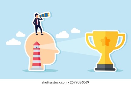 A businessman peering through a telescope from atop a head containing a lighthouse, its light shining on a trophy ahead, illustration of analyst in a strategy to become a leading company