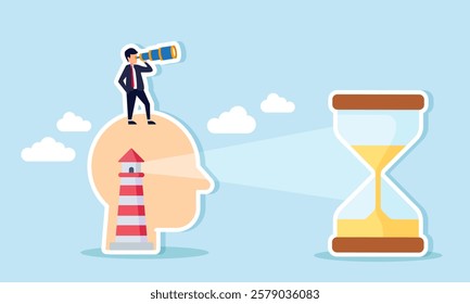 A businessman peering through a telescope from atop a head contain a lighthouse, its light shining on an hourglass ahead, illustration of analyst in perform business tasks efficiently