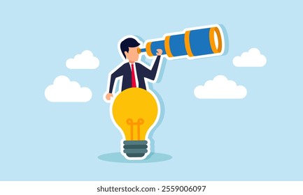 A businessman peers through a lamp, illustration of observing and analyzing strategies in improvising and applying business ideas and innovations