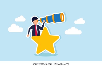 A businessman peers through a star, illustration of observing and analyzing strategies to improve business ratings and quality