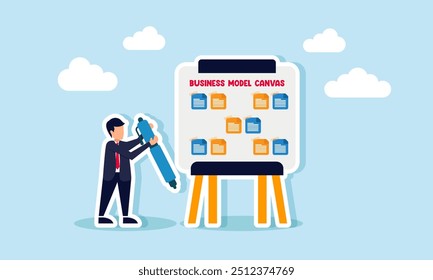 A businessman with a pen trying to make notes on a board, Illustration concept of Developing business strategies, analyzing competitors, and improving company performance