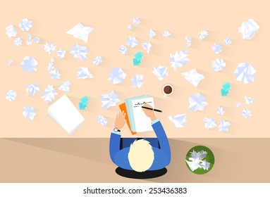 businessman pen write, crumpled papers around, problem concept top view above desk flat vector illustration