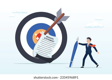 Businessman with pen writing mission statement, writing company mission statement, strategy or value to achieve business goal, mission, vision and value, motivation or purpose, objective (Vector)