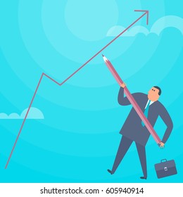 Businessman with a pencil is drawing an increase graph arrow. Flat concept illustration of cartoon man improving business. Vector design element for web, business presentation, financial infographic.