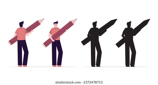 Empresario con lápiz, vista frontal y trasera. Carácter masculino y silueta. Conjunto de empleados con suministros de oficina. ilustración vectorial plana