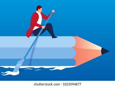 Businessman with pencil paddling forward