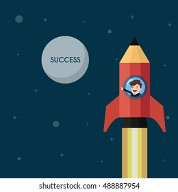 Businessman in pencil rocket launch to the moon success. Business concept cartoon illustration.