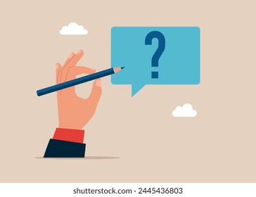 Businessman with pencil writing message or email on speech bubble question mark sign. Flat vector illustration.