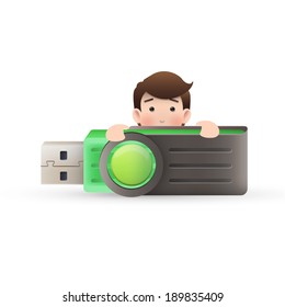 businessman with pendrive over isolated white background