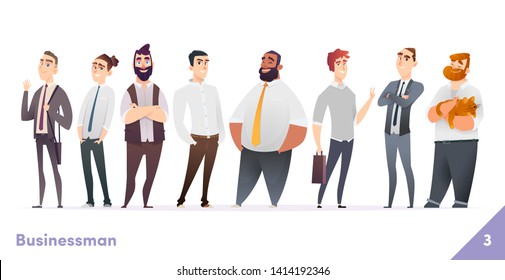 Businessman or people character design collection. Modern cartoon flat style. Males or manegers stand together. Young professional males poses