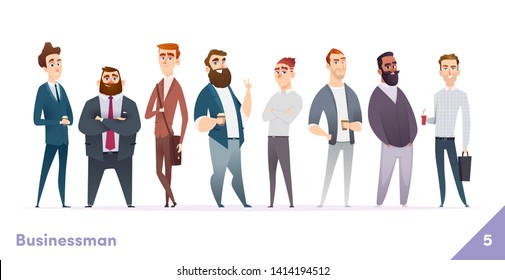 Businessman or people character design collection. Modern cartoon flat style. Males or manegers stand together. Young professional males poses