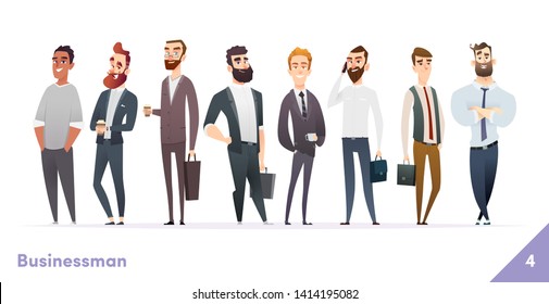 Businessman or people character design collection. Modern cartoon flat style. Males or manegers stand together. Young professional males poses