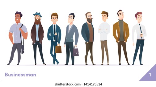 Businessman or people character design collection. Modern cartoon flat style. Males or manegers stand together. Young professional males poses