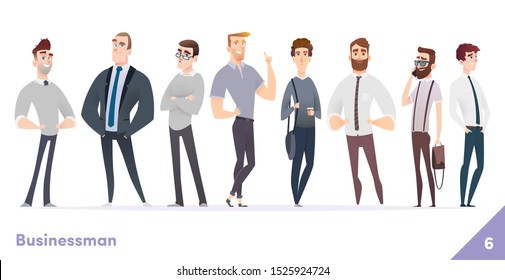 Businessman or people character design collection. Modern cartoon flat style. Young professional males poses.