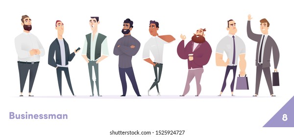 Businessman or people character design collection. Modern cartoon flat style. Young professional males poses.