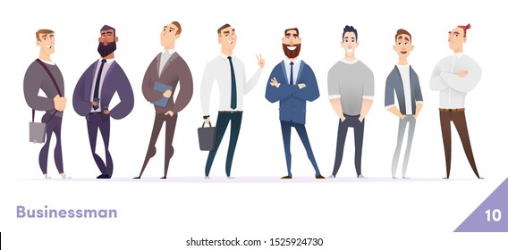 Businessman or people character design collection. Modern cartoon flat style. Young professional males poses.