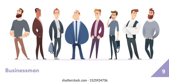 Businessman or people character design collection. Modern cartoon flat style. Young professional males poses.