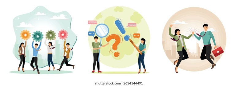 Businessman people connect gear cogwheels together to team support for best efficiency or productivity. Businessman and woman with exclamation mark. Businessman and woman teamwork coworkers jumping.