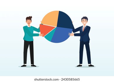 Businessman people holding part of pie chart metaphor of holding stock share, company shareholder, investor or owner who hold percentage or company share assets, market distribution (Vector)