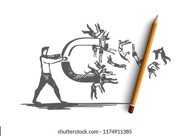 Businessman, people, magnet, crowd concept. Hand drawn businessman attracts people with a big magnet concept sketch. Isolated vector illustration.