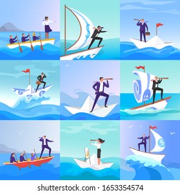 Businessman people on paper boats vector illustration. Businessman and businesswoman on paper boat risk, searching and lead the team to result. Teamwork, leadership concept flat style. Boss and team.