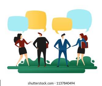 Businessman People Talk About Work.  Chat Speech Bubbles Discuss, News, Dialogue. Business Vector Concept