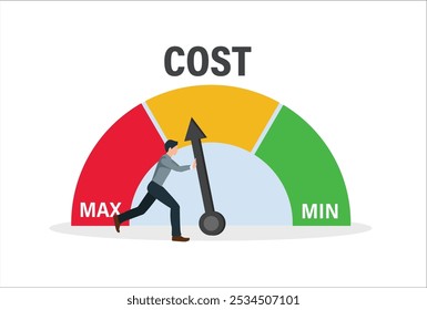 Empresarios que giran el dial del coste a una ilustración baja. Reducción de costos, reducción de costos y concepto de eficiencia 