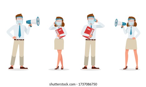 Businessman people wearing medical mask and face shield character vector design. Presentation in various action. New normal life.