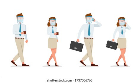 Businessman People Wearing Medical Mask And Face Shield Character Vector Design. Presentation In Various Action. New Normal Life.