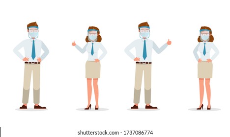 Businessman people wearing medical mask and face shield character vector design. Presentation in various action. New normal life.