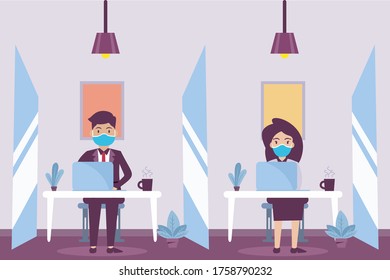 Businessman People Wearing Medical Mask And Face Shield Character . Presentation In Various Action. New Normal Life. Social Distancing In The Office, Businessman Illustration Concept