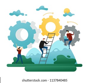 Businessman People Work as One Mechanism. New Person Connects to the Common Creative Work. Teamwork Collaboration Concept. Business Vector Concept Illustration