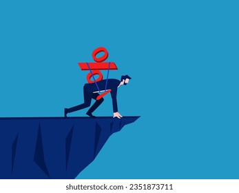 Businessman with percentage preparing to jump on high cliff. start up interest 