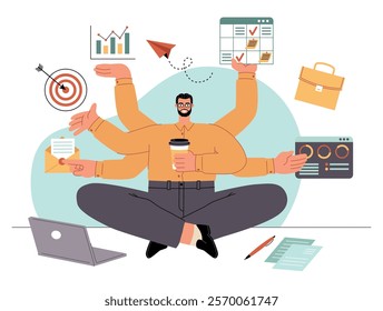 Businessman performing several functions at same time. Multitasking employee, funny man in lotus position at workplace, vector illustration