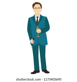 Businessman person ceo manager director employee holding microphone glass of orange juice getting ready to give speech about business