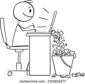 Businessman or person doing online business on computer and earning money, vector cartoon stick figure or character illustration.