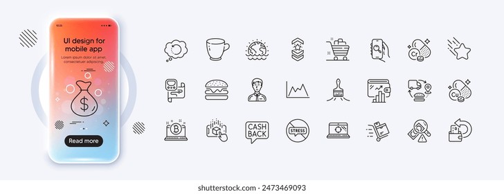 Businessman person, Metro map and Chromium mineral line icons for web app. Phone mockup gradient screen. Pack of Shoulder strap, Diagram, Seo laptop pictogram icons. Vector