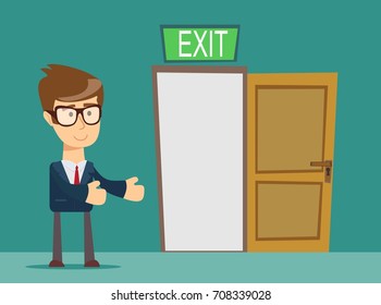 Businessman person and a open door. Stock vector illustration for poster, greeting card, website, ad, business presentation, advertisement design.