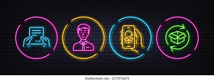 Businessman person, Receive file and Delivery app minimal line icons. Neon laser 3d lights. Return parcel icons. For web, application, printing. Male user, Hold document, Return package. Vector
