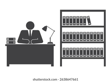 businessman person seat in office for table with lamp near bookshelf  icon