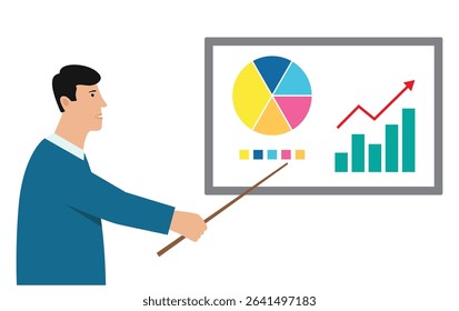businessman person show graph chart with arrow and  diagram infographic on blackboard with pointer in hand icon 
