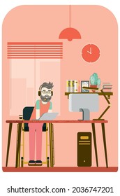 The businessman person who uses a wheelchair work on laptop in the room illustration.