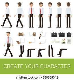 Businessman personage generator with smiling man in shirt and tie for creating your character. Man figure with body parts, objects in hands and business attributes flat isolated vector illustrations