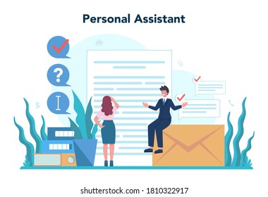 Businessman personal assistant concept. Professional help and support for manager. Worker answering calls and assisting with document. Isolated flat vector illustration