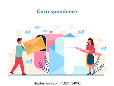 Businessman personal assistant concept. Professional help and support for manager. Recieving a correspondence. Worker answering calls and assisting with document. Isolated flat vector illustration