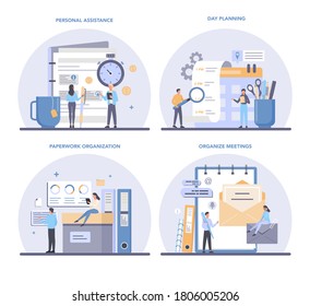 Businessman personal assistant concept set. Professional help and support for manager. Worker day planning and paperwork and meetings assisting. Isolated flat vector illustration