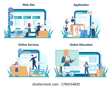 Businessman personal assistant online service or platform set. Worker answering calls and assisting with document. Website, application, online education. Isolated flat vector illustration