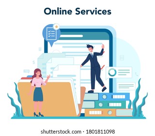 Businessman personal assistant online service or platform. Worker answering calls and assisting with document. Isolated flat vector illustration