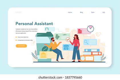 Businessman personal assistant web banner or landing page. Professional help and support for manager. Worker answering calls and assisting with document. Isolated flat vector illustration